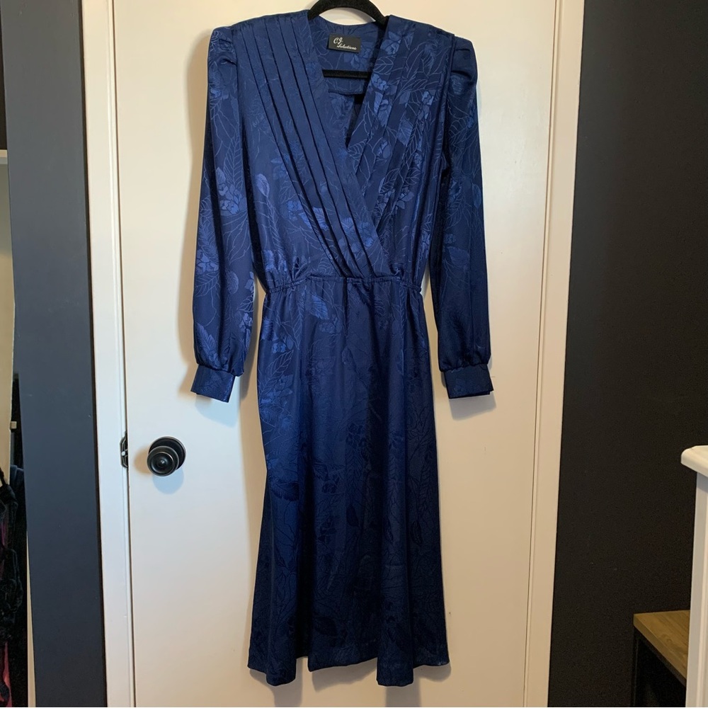 Vintage CJ Selections 80s Dress Blue V-Neck Floral Print Midi Small Office Party